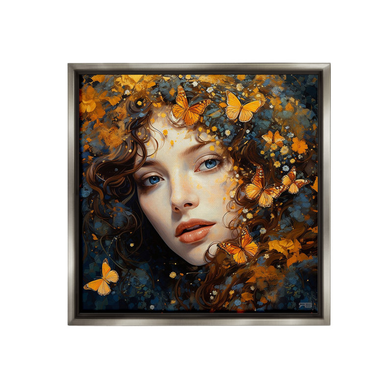 «Woman With Monarch Butterflies Floater Frame» par RB sur toile, Cadre flottant gris lustré, H 25 po x l 25 po