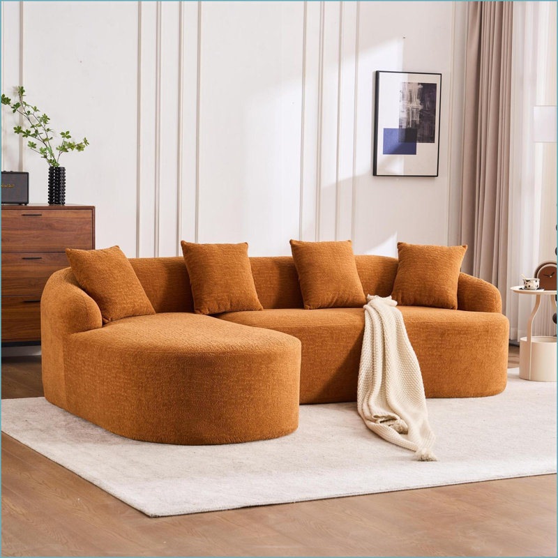 Canapé modulaire, méridienne incurvée moderne en forme de L orange et chenille orange pour la vie en appartement | Orange | Tissu