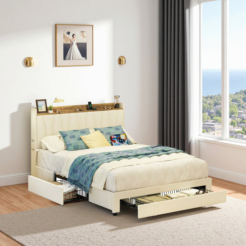 Deilyn Upholstered Bed with Charging Station and 3 Drawers, Full, Beige