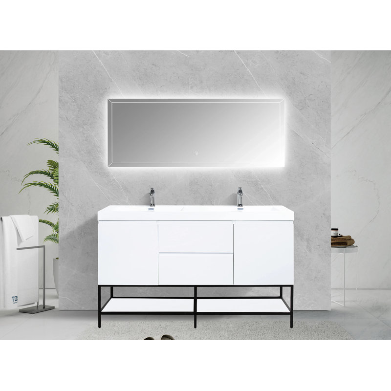 Anelka 60 po L x 20 po P 2 portes et 2 tiroirs Meuble-lavabo autoportant avec évier double et Comptoir en Polymarbre