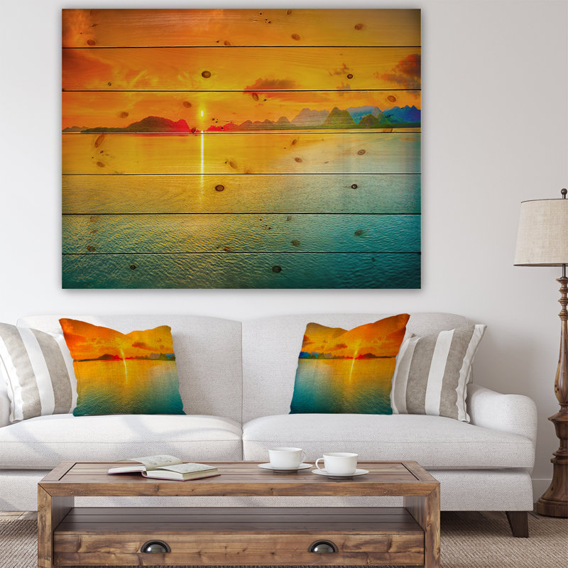 Paysage marin «Sunset over Sea Panorama» - impression d'art graphique, H 30 po x l 40 po x P 1,5 po, Bois