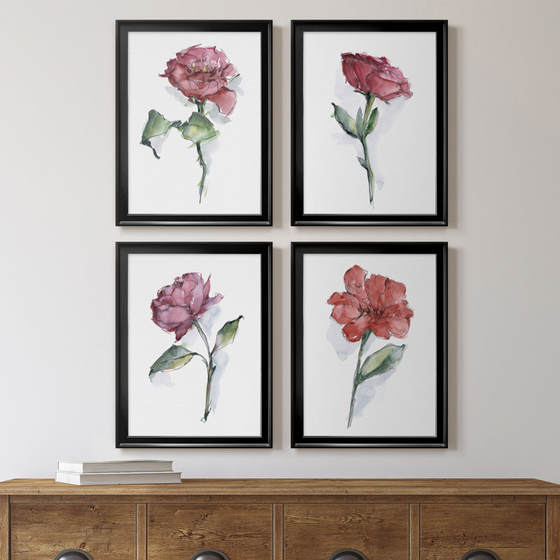 Watercolor Floral Contour I - Ensemble de 4 peintures sur toile encadrées, H 24,5 po x l 74 po x P 1 po, Cadre noir