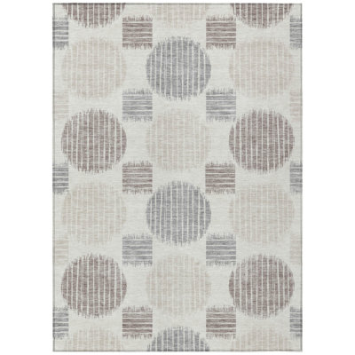 5' X 8' Ivory Brown And Gray Geometric Washable Indoor Outdoor Area Rug