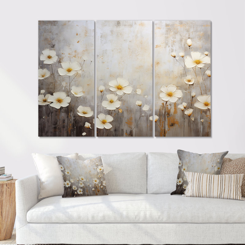 «Elegant Beige and Grey Buttercups Meadow I», ensemble d'art mural sur toile Buttercups, Toile tendue