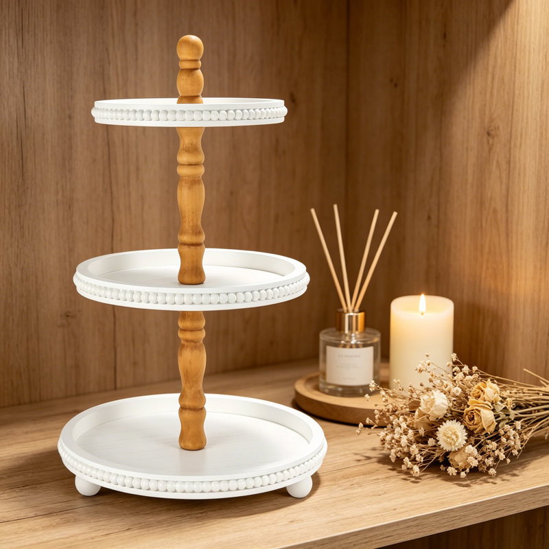 Farmhouse 3-Tier Wooden Serving Tray Stand, Rustic Decorative Display Stand For Kitchen Counter, Coffee Bar, Party, And Holiday Decor With Beaded Edge Detail