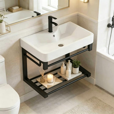 Floating Wall-Mounted Bathroom Vanity With Ceramic Basin And Open Shelf - Space-Saving 17-Inch Design For Small Bathrooms