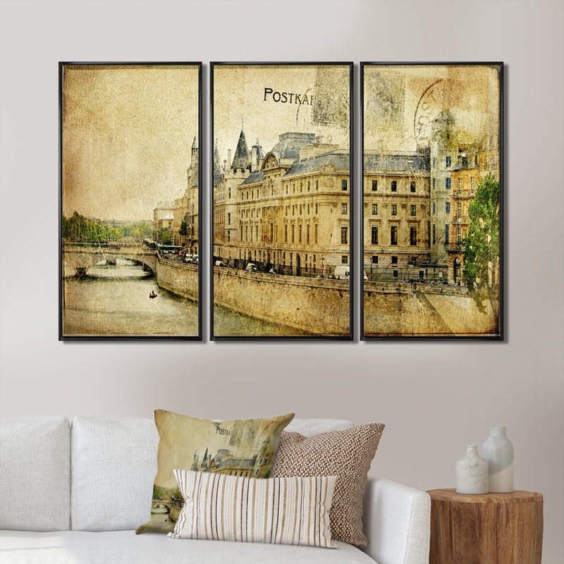Vieilles cartes parisiennes - ensemble de 3 toiles d'art encadrées, L 48 po x H 32 po, Noir