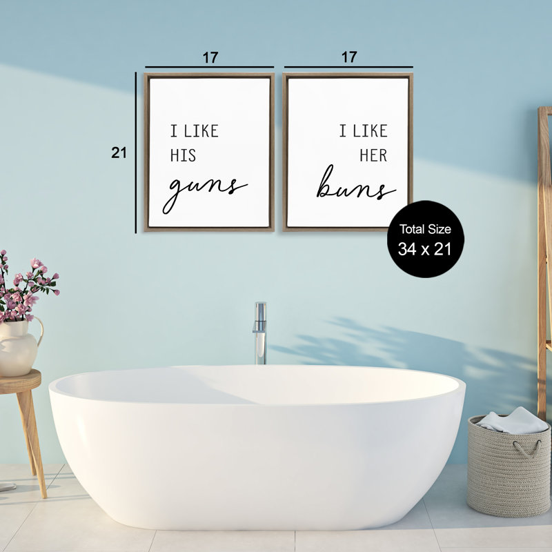 Like His Guns & Her Buns 2pc Floating Frame Set, design by Lettered and Lined, 21" H x 17" W, Montalcino Elm Floater Frame