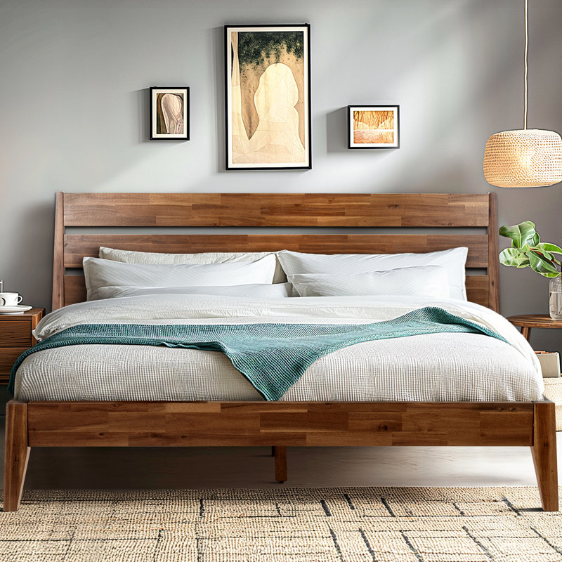 Acacia Christoper Premium Solid Wood Platform Bed with Headboard, Mid Century Queen Bed Frame, High Back Design with Brown Finish, No Box Spring Needed, 800lb Capacity