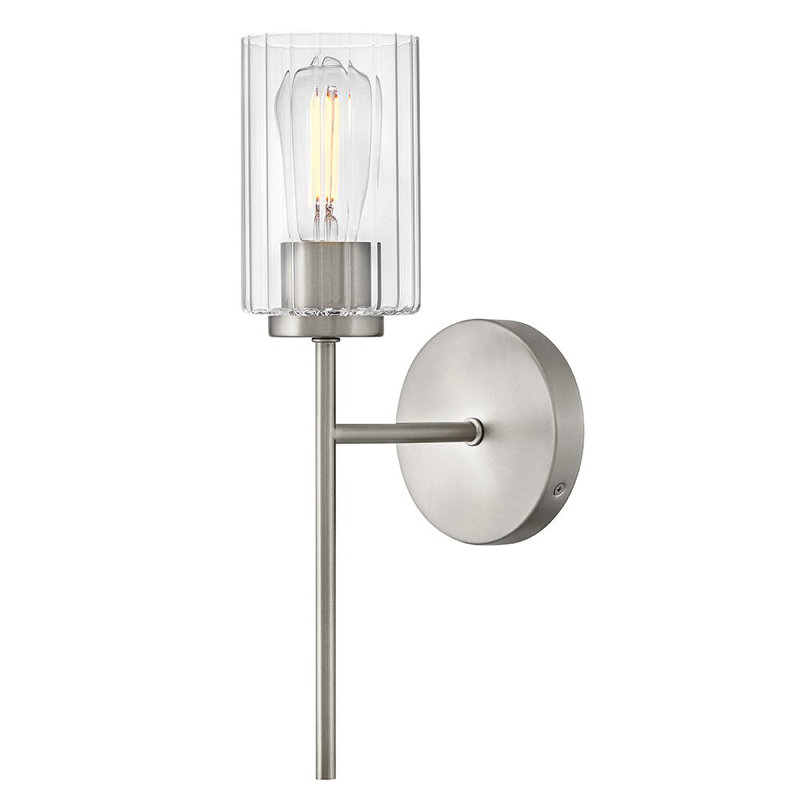 Applique murale pour salle de bain à simple lumière avec verre côtelé transparent, Nickel brossé