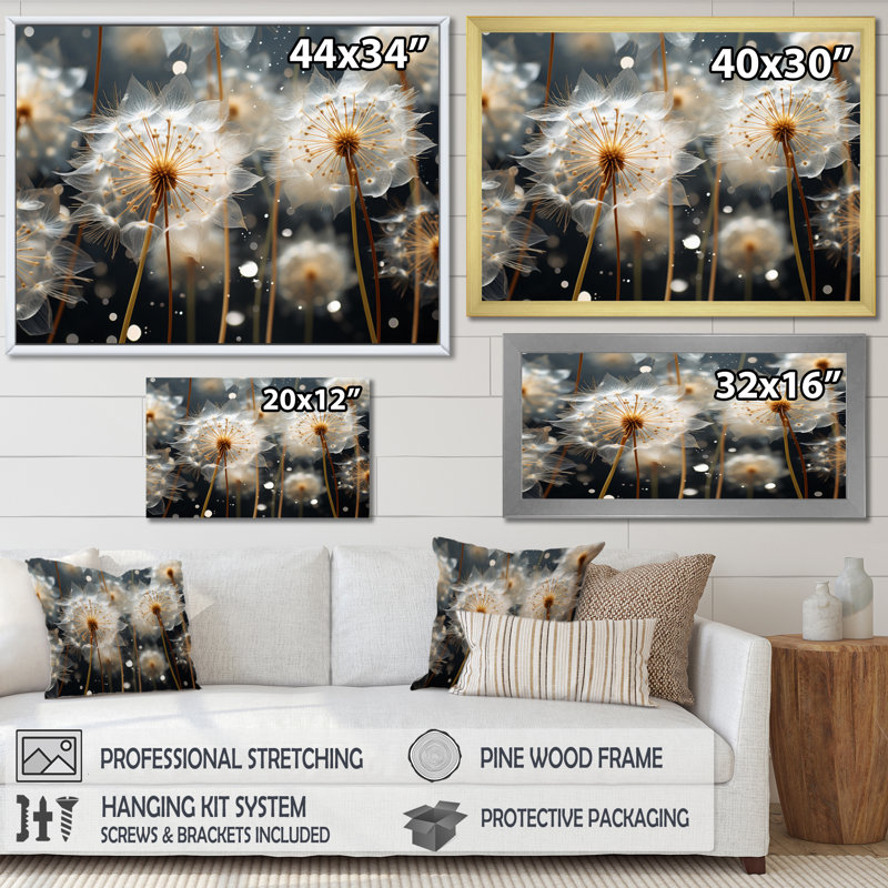 «White Teal Dandelion Symphony I», reproduction sur toile, H 30 po x l 40 po x P 1,5 po, Cadre flottant doré