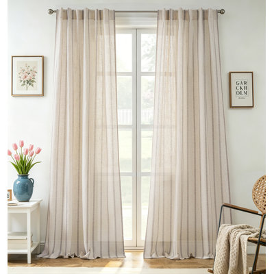 Farmhouse Striped Linen Blend Textured Light Filtering Semi Sheer Rod Pocket Back Tab Curtains