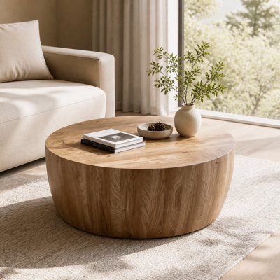 (New) Round Drum Coffee Table, Faux Wood Finish (MDF), Without Bracket - 13.78" H, 34.65" W, 34.65" D