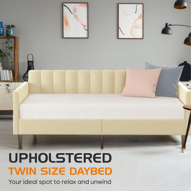 Beige Velvet Upholstered Twin Daybed with Tufted Back and Metal Frame