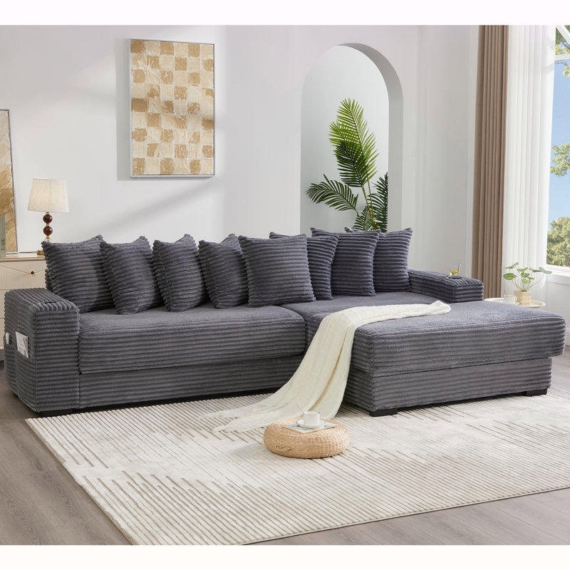 Canapé modulaire en L 110,75 po, canapé modulaire en velours côtelé, avec porte-gobelet mobile, porte-gobelets, 8 coussins décoratifs, poche latérale, déplier dans un lit, gris foncé