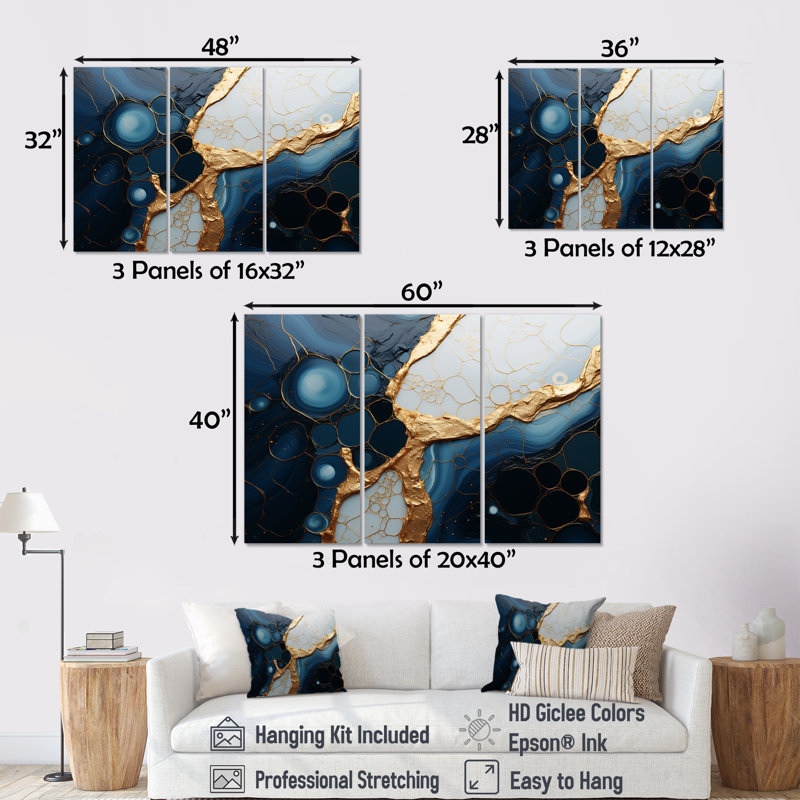 Or et marbre bleu Essence magique II - décoration murale en marbre, Toile tendue, H 28 po x l 36 po x P 1 po