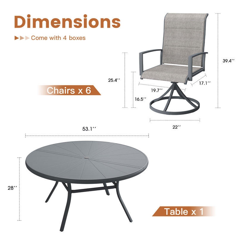 Round Patio Dining Set with Padded Swivel Ergonomic Chairs, Gray