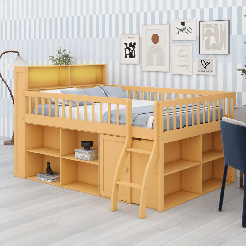 Lit mezzanine peu encombrant avec compartiments de rangement et tête de lit éclairée, Naturel