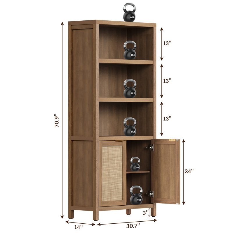 Marliee Boho 5 -Tier Bookcase With 2 Doors And Adjustable Shelves, Brown