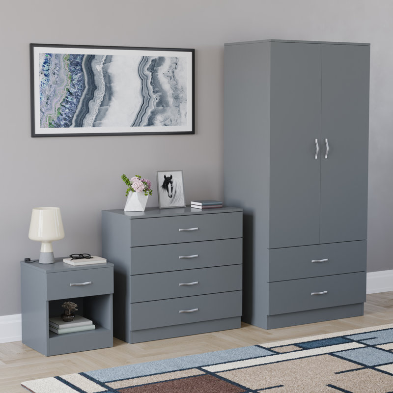 Maybery 3 Piece Bedroom Set (1 Drawer Bedside Chest, 4 Drawer Chest, 2 Door 2 Drawer Wardrobe), (4), Grey