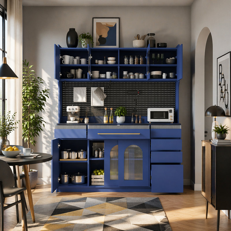 Buffet de 63 po avec huche, armoire de rangement pour garde-manger avec 6 tiroirs, 5 armoires, tablettes réglables, prise de courant, panneau perforé et porte-serviettes