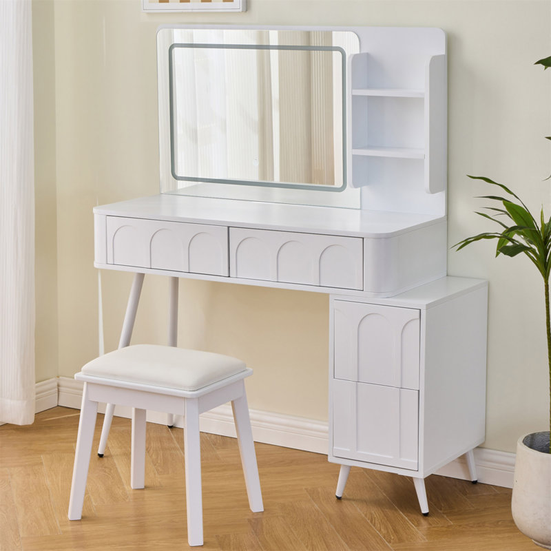 Modern Makeup Vanity Desk With LED Lights & Mirror, 4 Drawer Dressing Table Set With Stool, 3 Colors Dimmable Brightness, Space-Saving For Bedroom