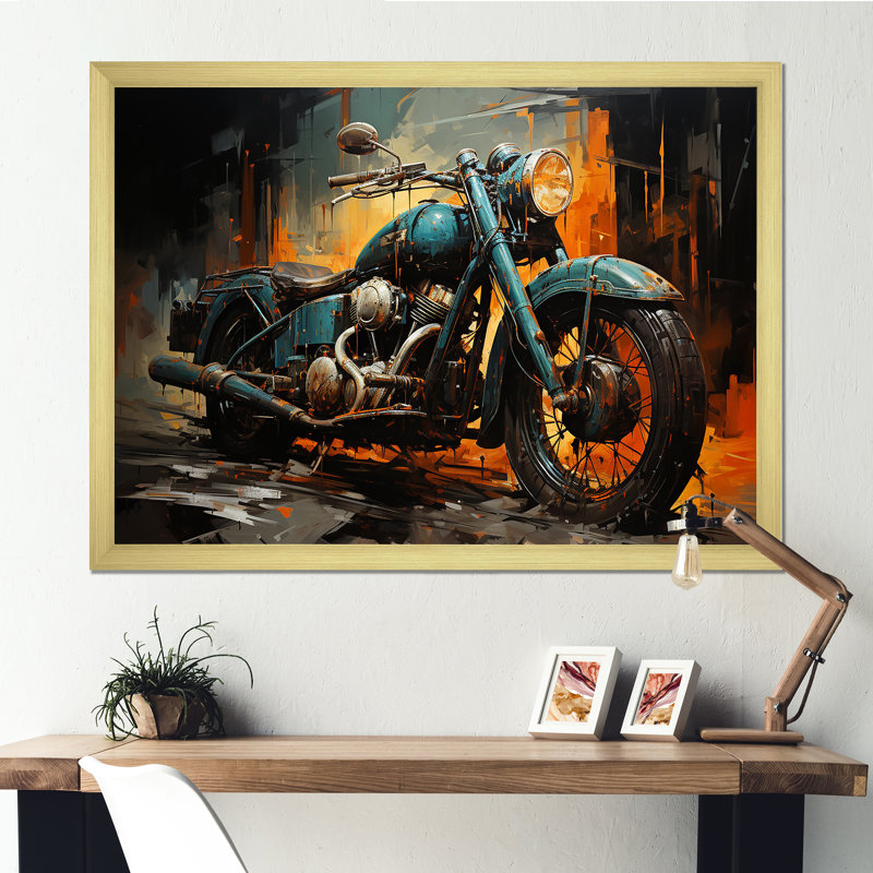 Motocyclette II jaune et noir - art mural moto, Cadre doré à coins fermés, H 12 po x l 20 po x P 1 po