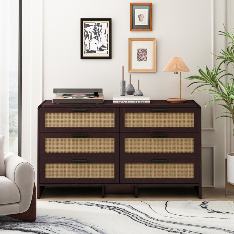 Arc Shaped Corner Rattan Cabinet, 6-Drawers for Safe and Stylish Storage in Living Room, Bedroom, and Kitchen, Reddish Brown