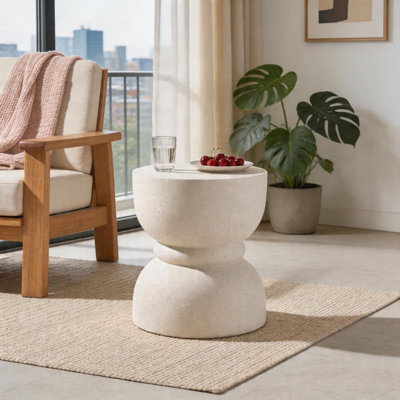 Outdoor Concrete Side Table,Rounded Waist Outdoor End Tables, Decorative Garden Stools For Indoor Outdoor With Imitation Natural Stone Texture Patio Accent Side Table