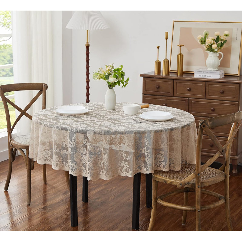 Keilly Round Floral Wedding Lace Tablecloth, Black, 120" Round