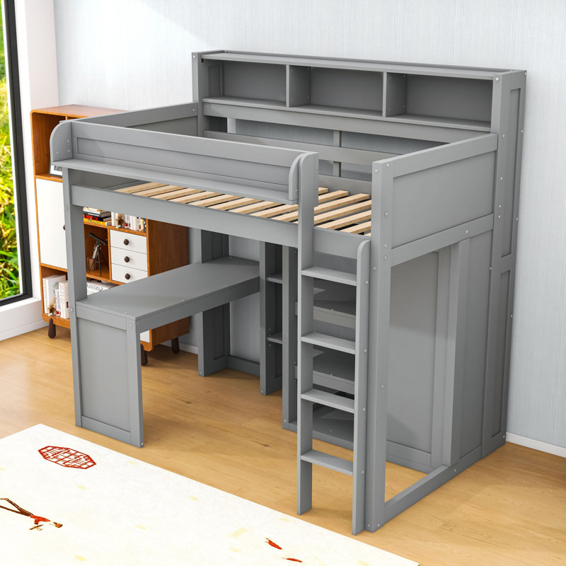 Lit mezzanine simple avec tablettes et garde-robe, gris