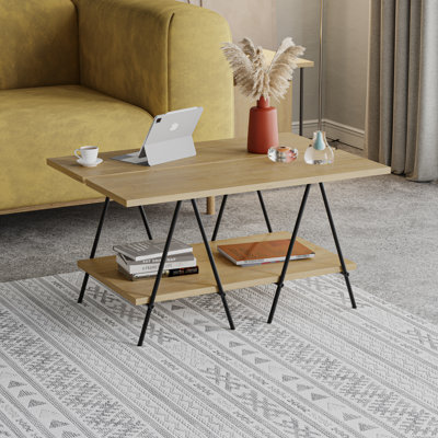 Essel Modern Industrial Coffee Table with Open Storage Shelf and Metal Legs