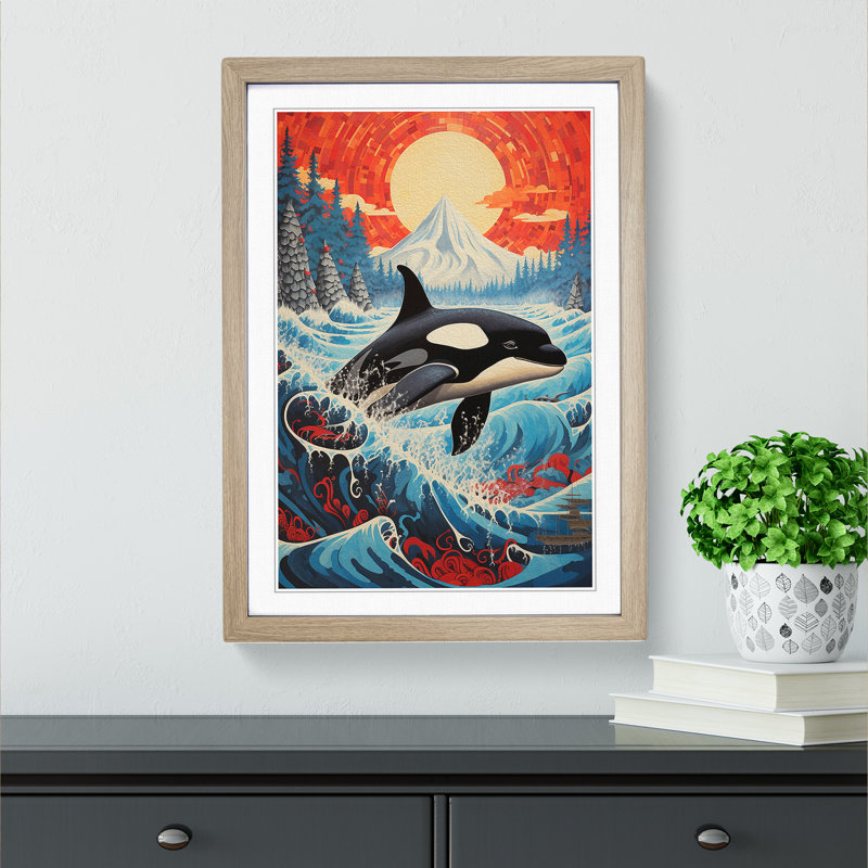 Orca Whale Symbolism - Single Picture Frame Print on Wood, Oak, 34cm H x 25cm W x 2cm D