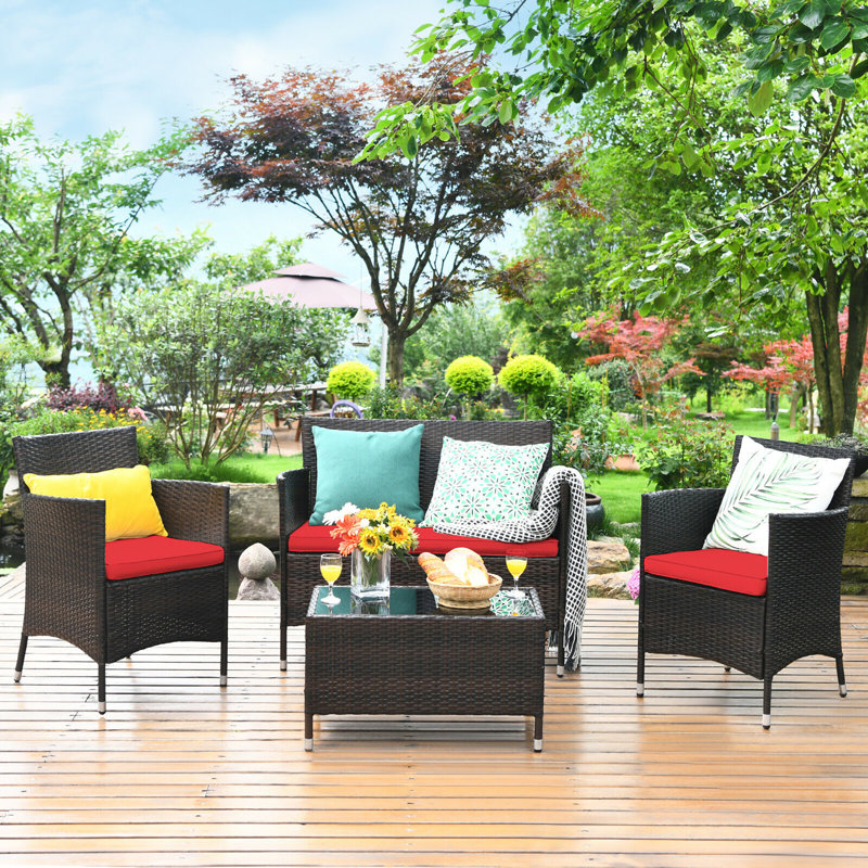 Rayna 4 - Person Patio Conversation Set with Cushions, Red
