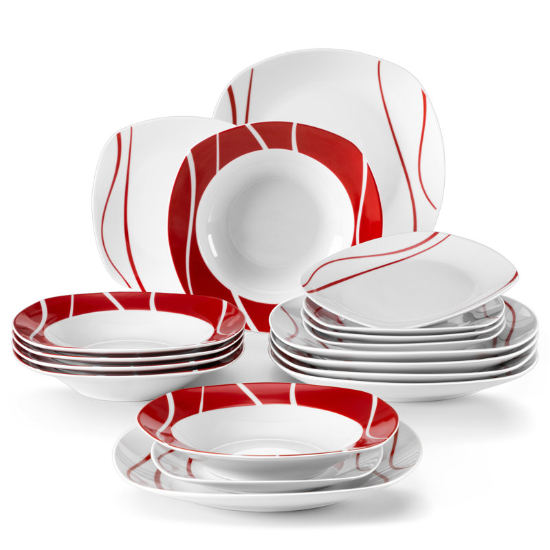 Ensemble de vaisselle décorative carrée en céramique 18 pièces, gris et rouge, moderne et audacieux, polyvalent et parfait pour recevoir ou offrir en cadeau