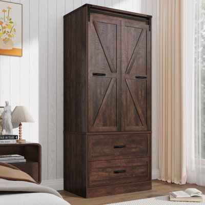 72.8"H Farmhouse Armoire Wardrobe Closet With Sensor Light And 2 Drawer, Folding Sliding Barn Door Armoire Cabinet With Hanging Rod For Bedroom by Gracie Oaks