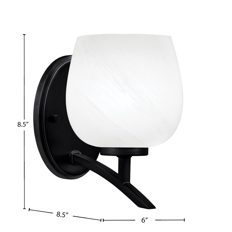 Applique murale lumineuse en verre marbré blanc 6 po Kurve, Noir mat, Tulipe, H 8,5 po x l 6 po x P 8,5 po
