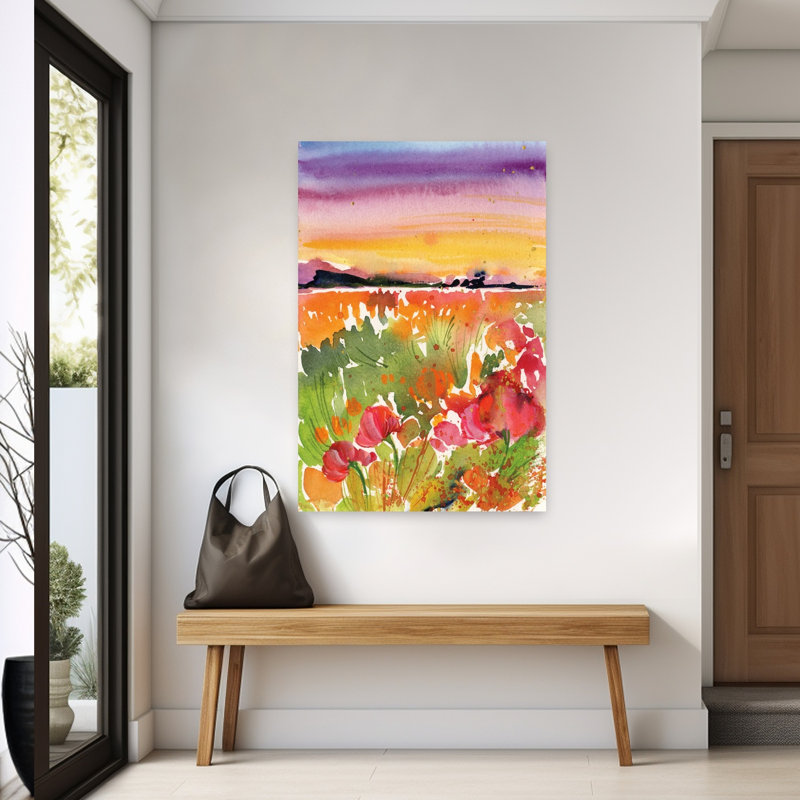 Sunset Field Abstract Contemporary Landscape Flower Wall Art Print by Kristy Rice - 1 Piece Wrapped Canvas Wall Art