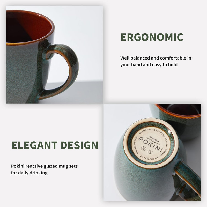 Ensemble de 4 tasses à café en céramique empilables 16 oz - émail réactif, va au micro-ondes / lave-vaisselle - brun vert pour café au lait