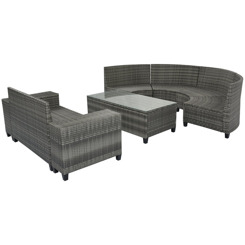 Ensemble de canapé rond en osier 8 pièces 8 pièces, ensemble modulaire demi-lune toutes saisons, ensemble de canapé courbé avec table basse rectangulaire, rotin PE, coussin mobile