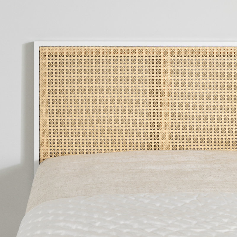 Full White and Natural Metal Platform Bed with Cane Headboard