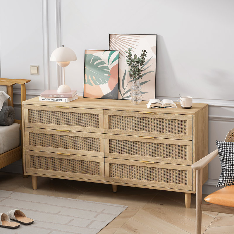 Commode de rangement à 6 tiroirs en rotin pour chambre à coucher, salon