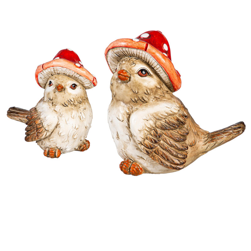 Resin Mushroom Birds Statue, 7"H