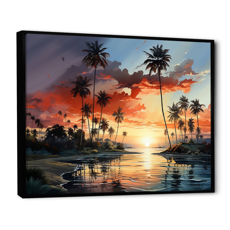 Palmiers, palmiers, sérénité, coucher de soleil sur toile, Cadre flottant noir, H 16 po x l 32 po x P 1 po