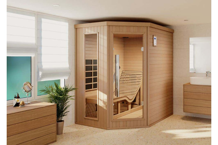 large wood sauna in a bathroom