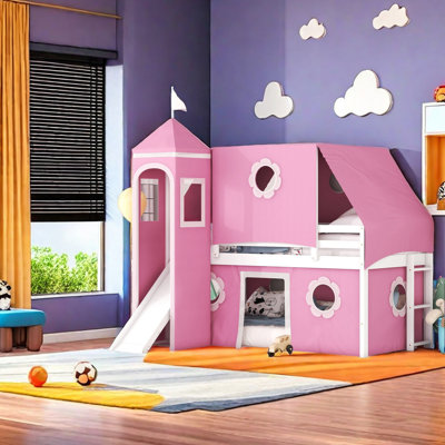 Lit mezzanine avec tente et tour Slide - Rose