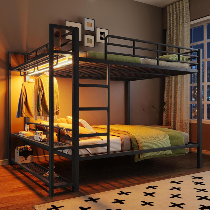 Lit superposé en métal Queen Size avec lumières DEL, étagères de rangement et crochets pour vêtements