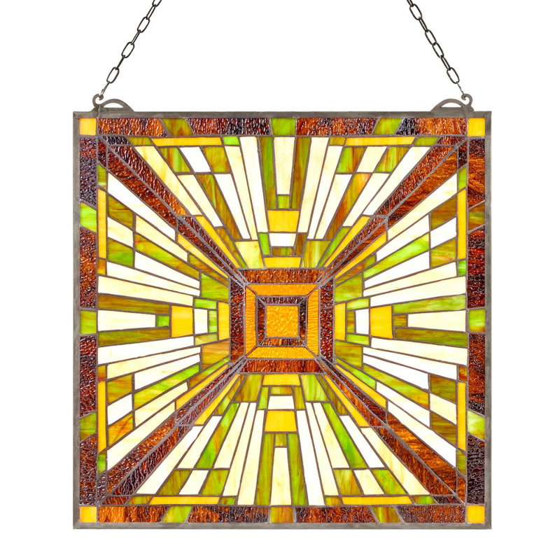 Stained Glass Tiffany Style Hanging Window Panel with Chain 20 x 21 Inches