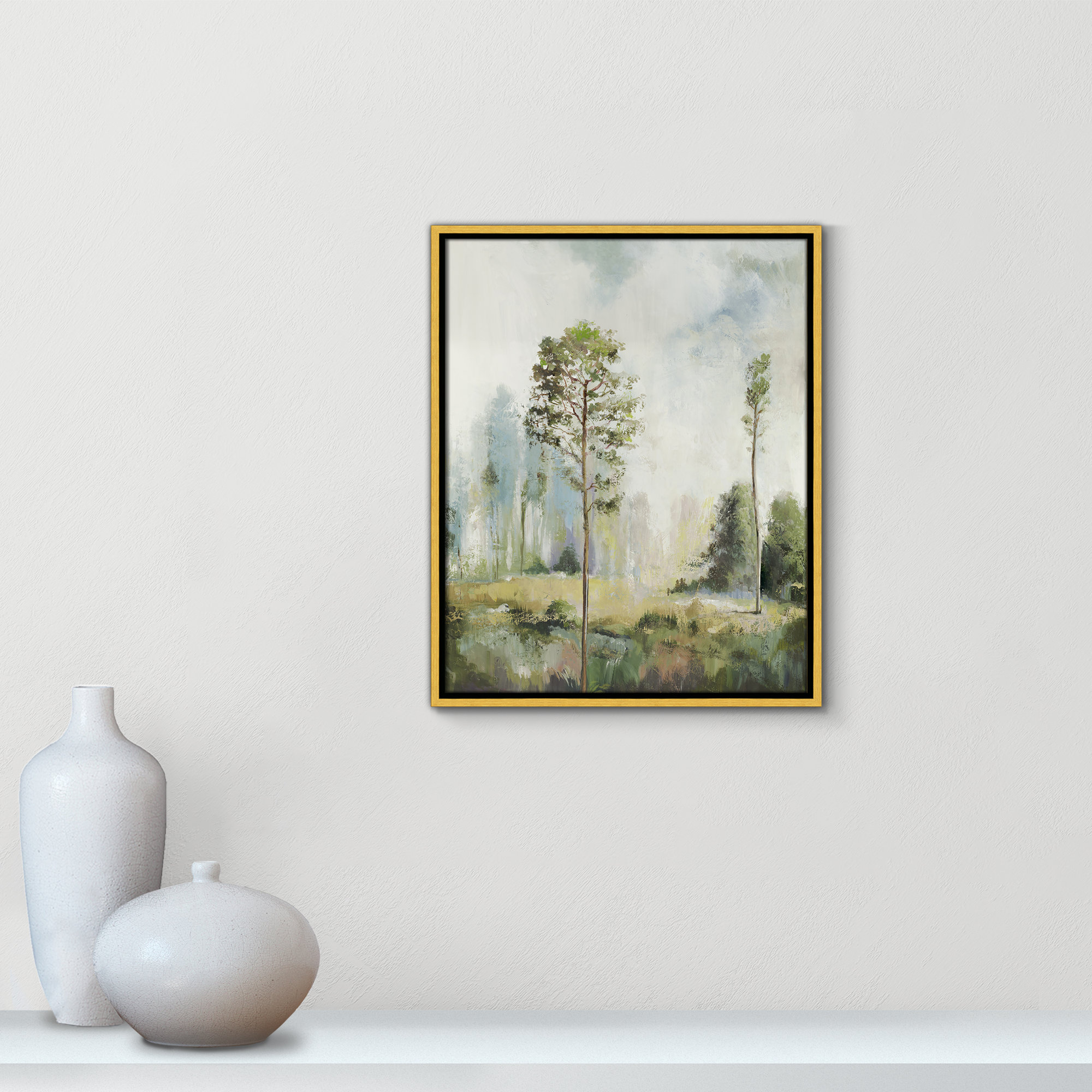 Tall Green Trees I by Teton Pearce - Floater Frame Print on Canvas, 21.5" H x 17.5" W, Gold