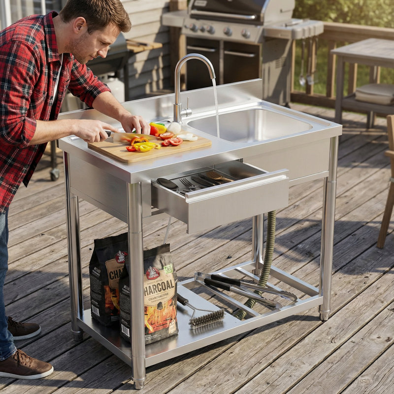 Évier de terrasse de jardin de 39 pouces, évier multifonctionnel en acier inoxydable 304 avec banc de travail et support de rangement, équipé de robinets d'eau chaude et froide à 360 °